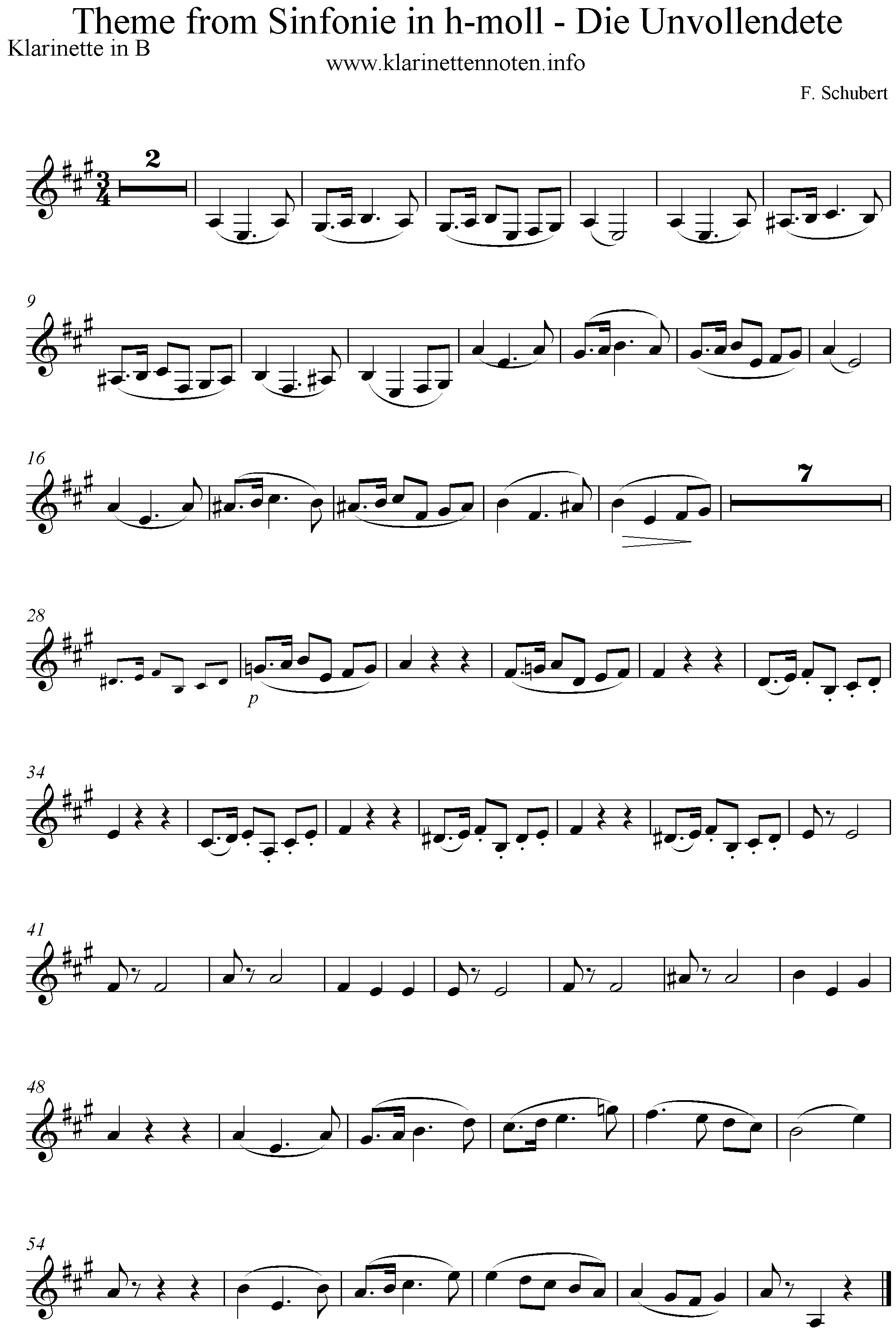 Noten Thema aus der Sinfonie in h-moll, Schubert, Die Unvollendete